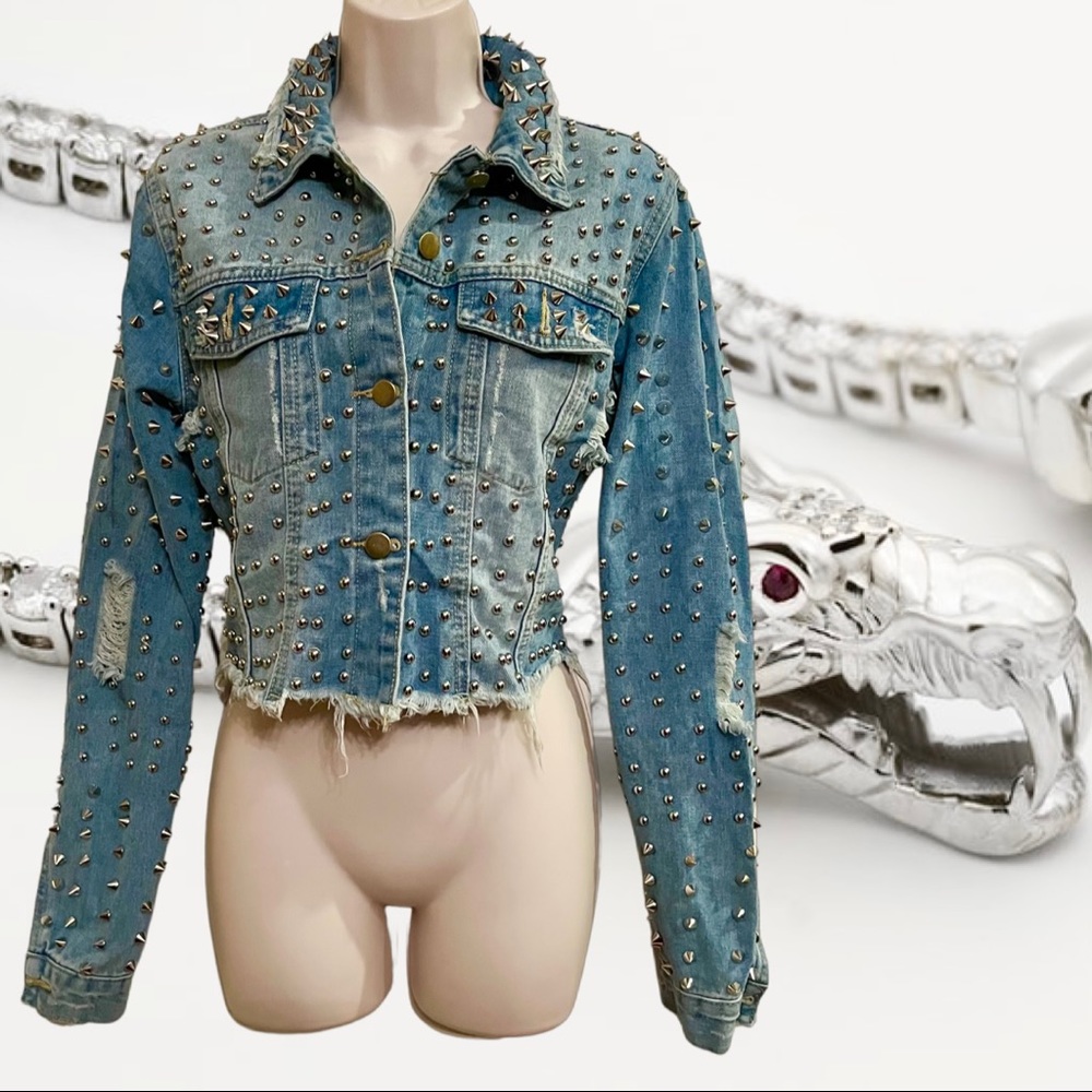 Studded Spike Distressed Frayed Denim Jean Moto Jacket - Picture 2 of 9
